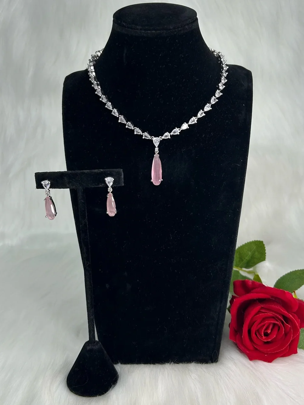 Pink Silver Ad Necklace and Earrings Set